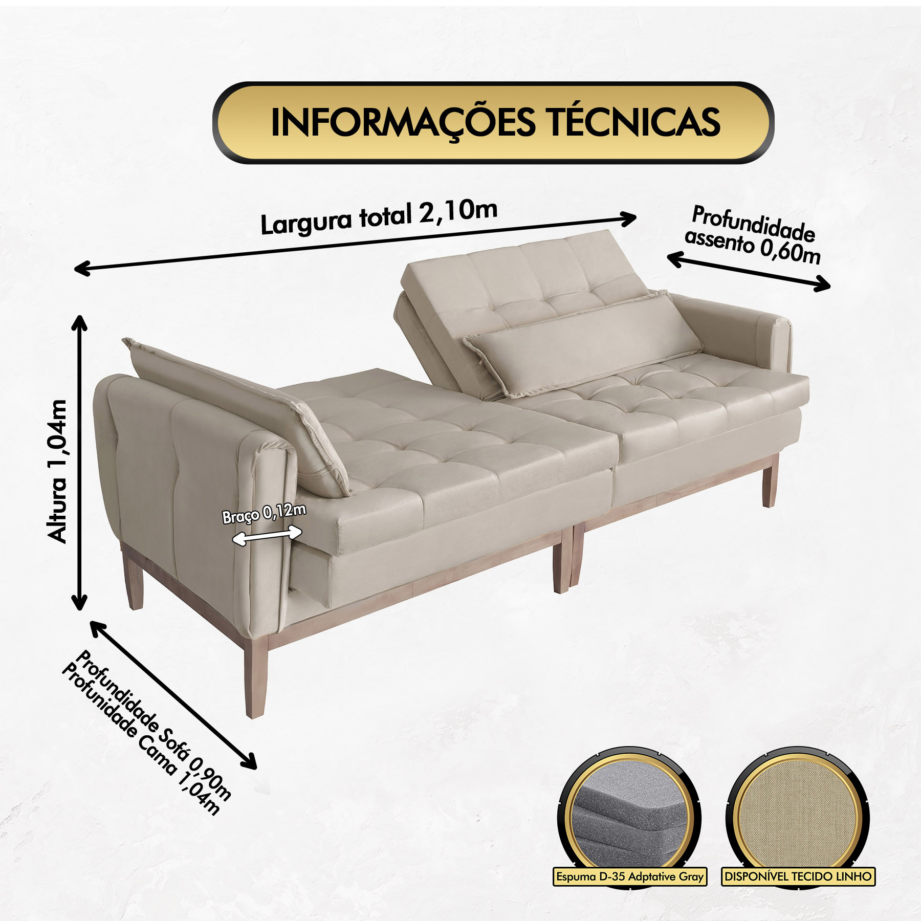 Sofá Cama Rivieira 2.10m - Bege