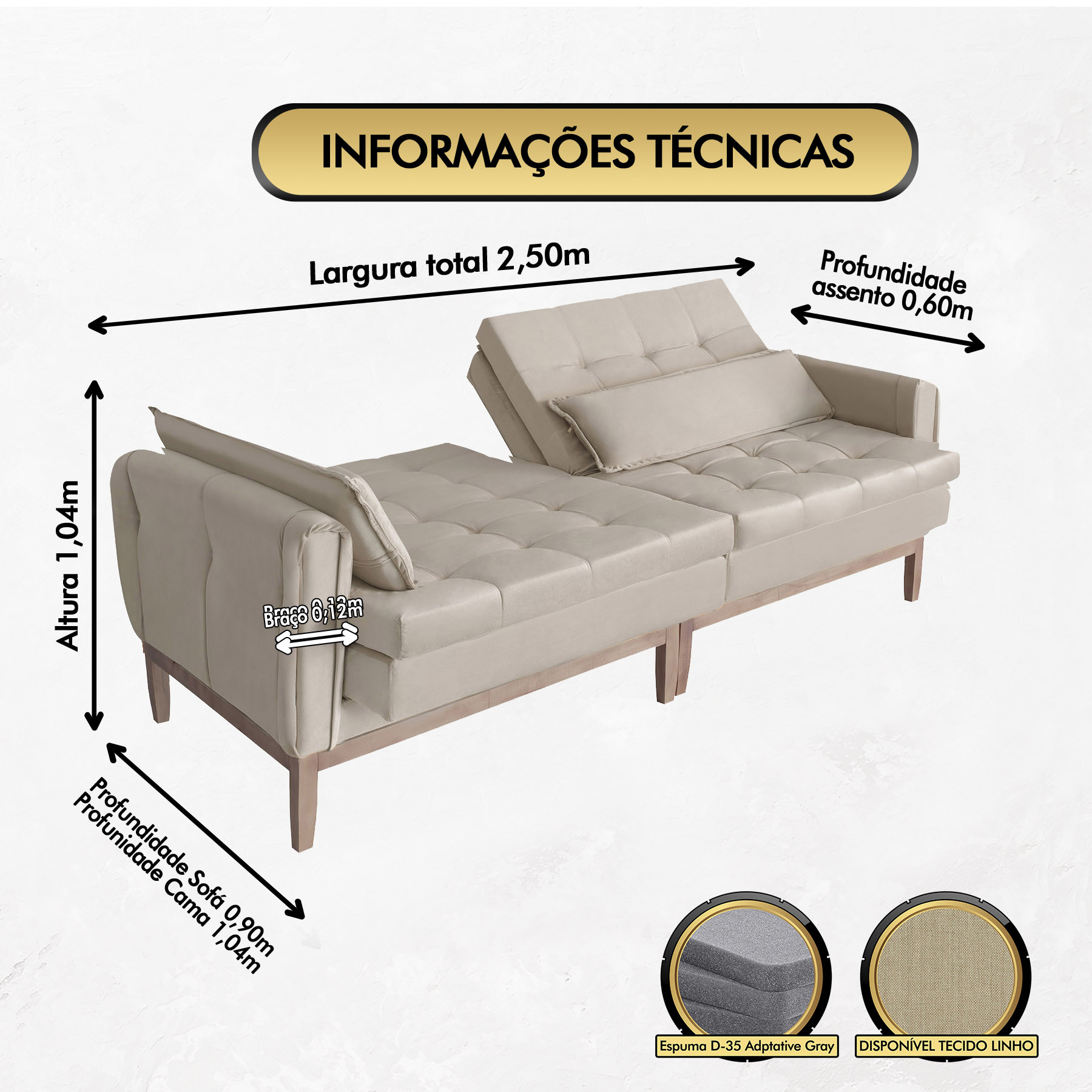 Sofá Cama Rivieira 2.50m - Bege