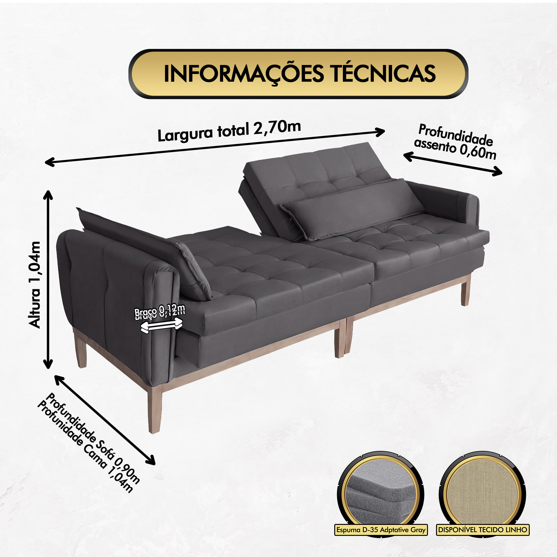 Sofá Cama Rivieira 2.70m - Chumbo