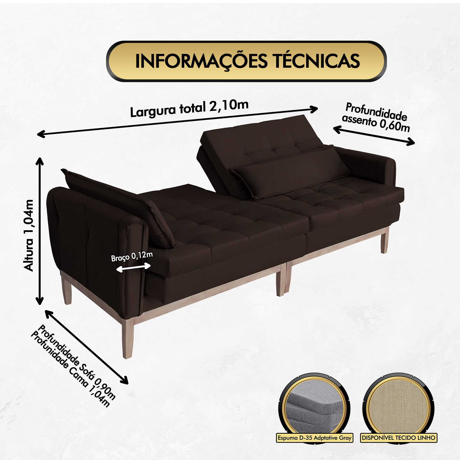 Sofá Cama Rivieira 2.10m - Marrom