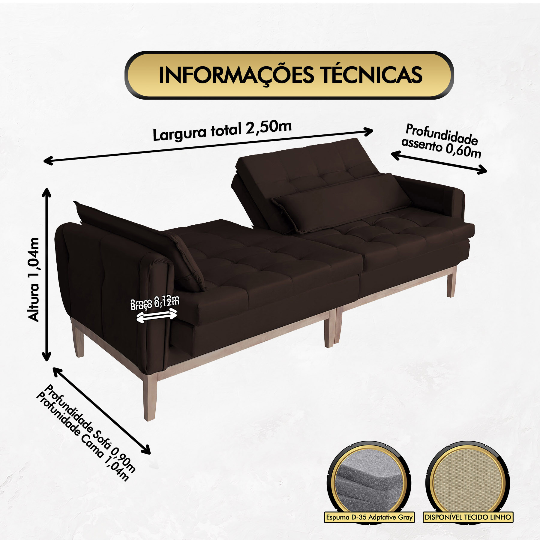 Sofá Cama Rivieira 2.50m - Marrom