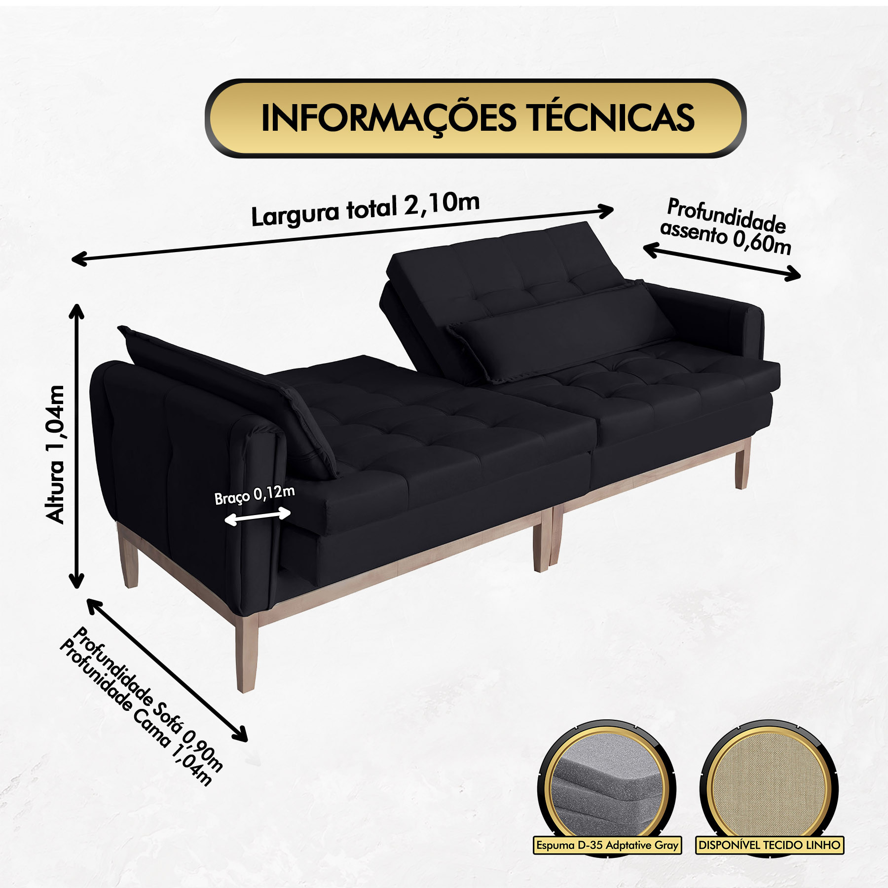 Sofá Cama Rivieira 2.10m - Preto