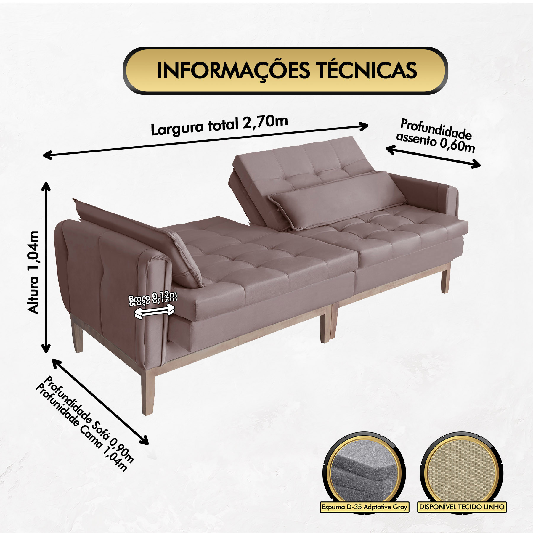 Sofá Cama Rivieira 2.70m - Rosê