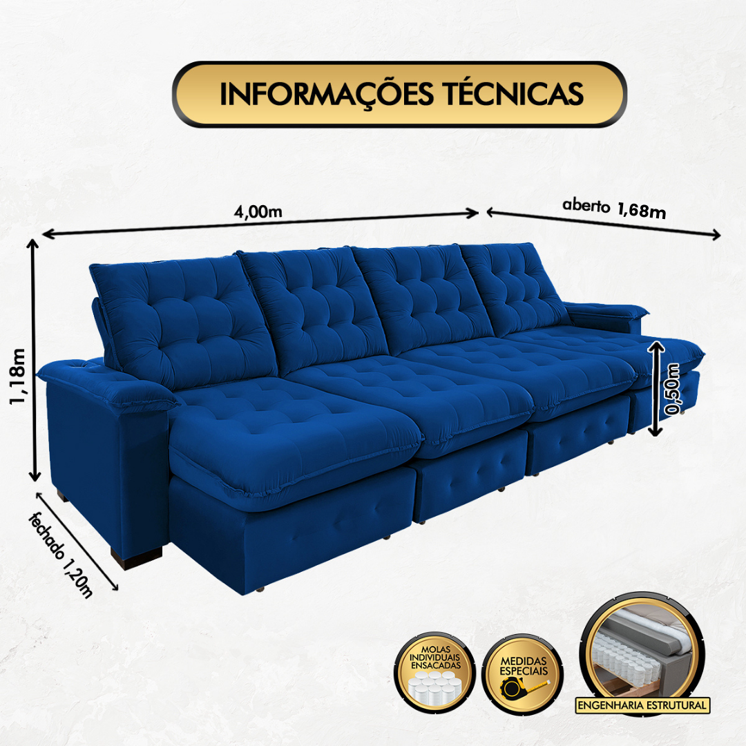 Sofá Coliseu 4.00m Retrátil e Reclinável Super Pillow - Azul