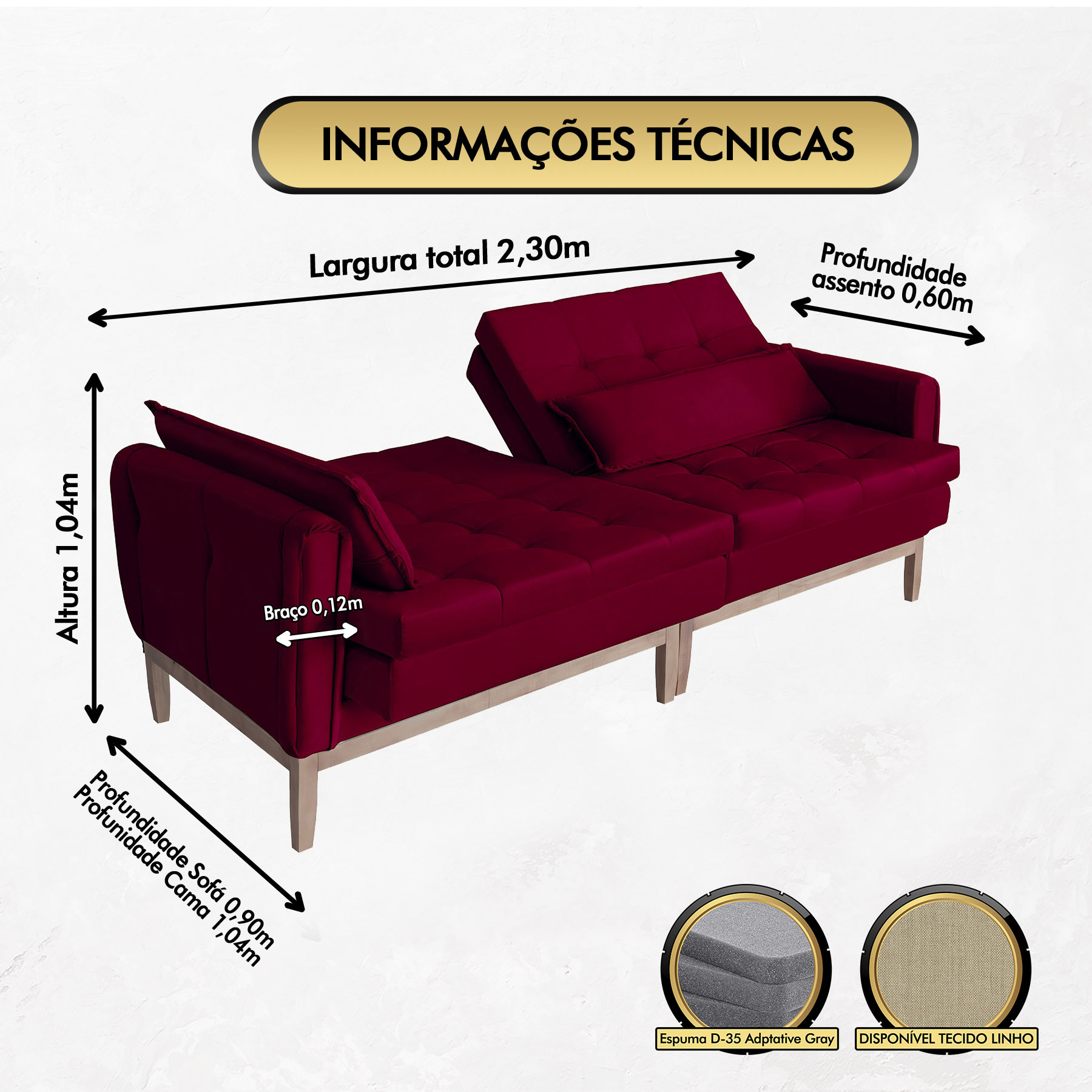 Sofá Cama Rivieira 2.30m - Vinho