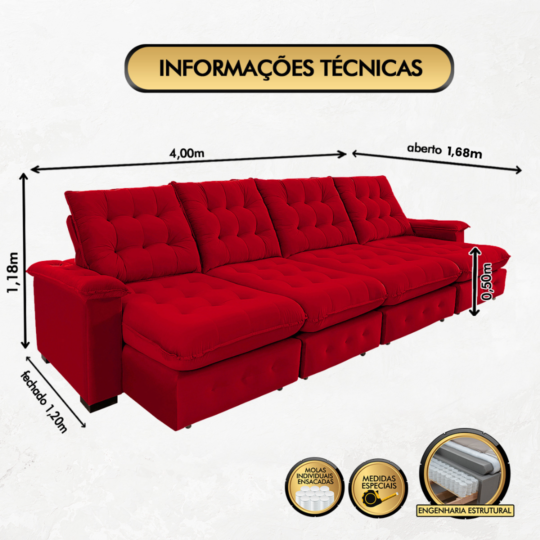 Sofá Coliseu 4.00m Retrátil e Reclinável Super Pillow - Vermelho