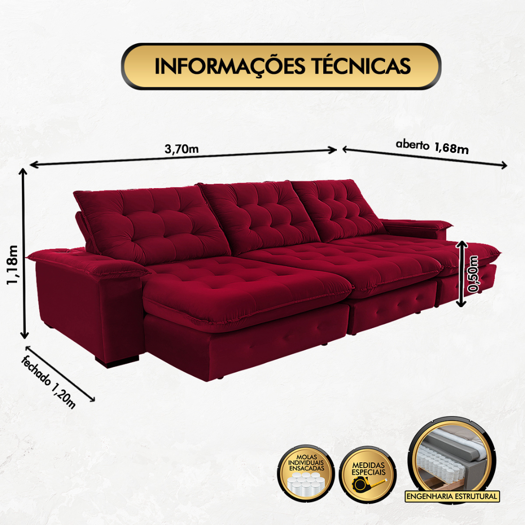 Sofá Coliseu 3.70m Retrátil e Reclinável Super Pillow - Vinho