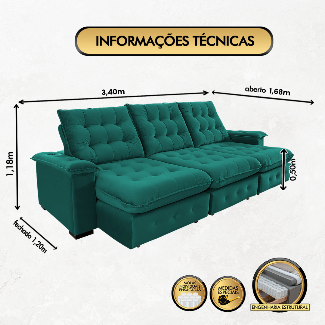 Sofá Coliseu 3.40m Retrátil e Reclinável Super Pillow - Verde