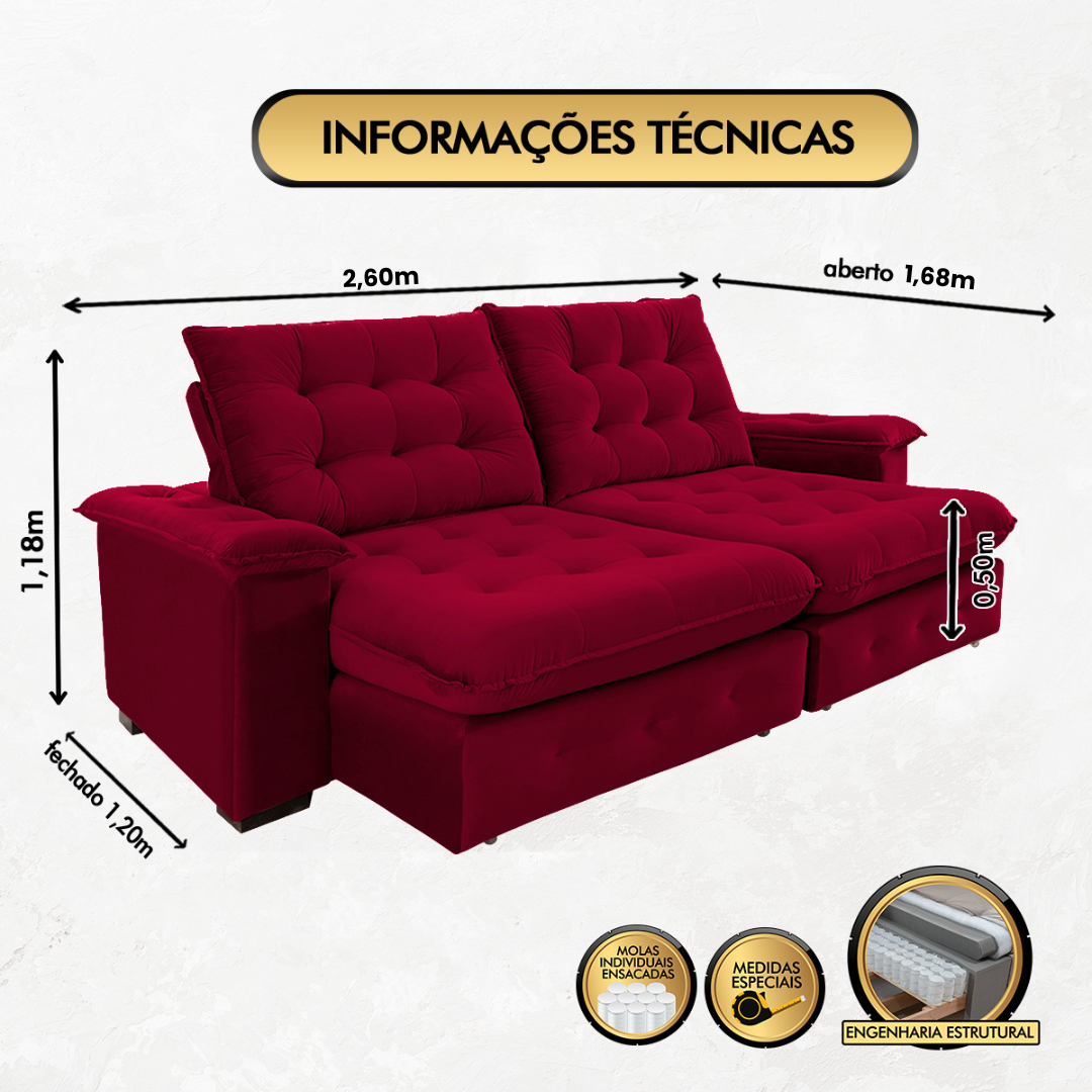 Sofá Coliseu 2.60m Retrátil e Reclinável Super Pillow - Vinho