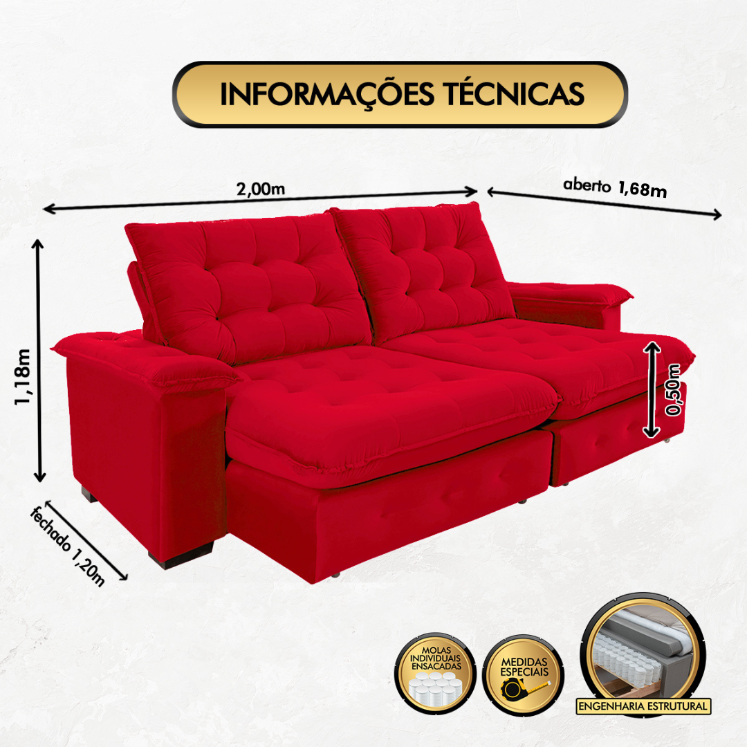 Sofá Coliseu 2.00m Retrátil e Reclinável Super Pillow  - Vermelho