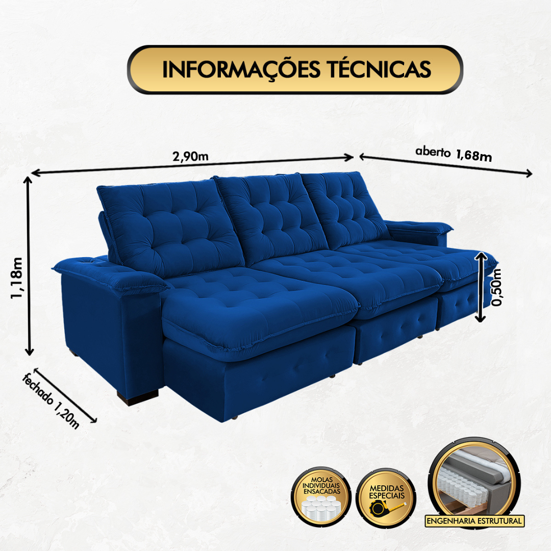 Sofá Coliseu 2.90m Retrátil e Reclinável Super Pillow - Azul