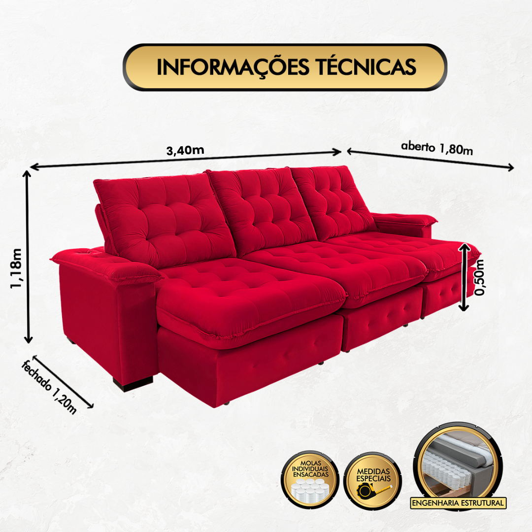 Sofá Coliseu 3.40m Retrátil e Reclinável Super Pillow - Vermelho