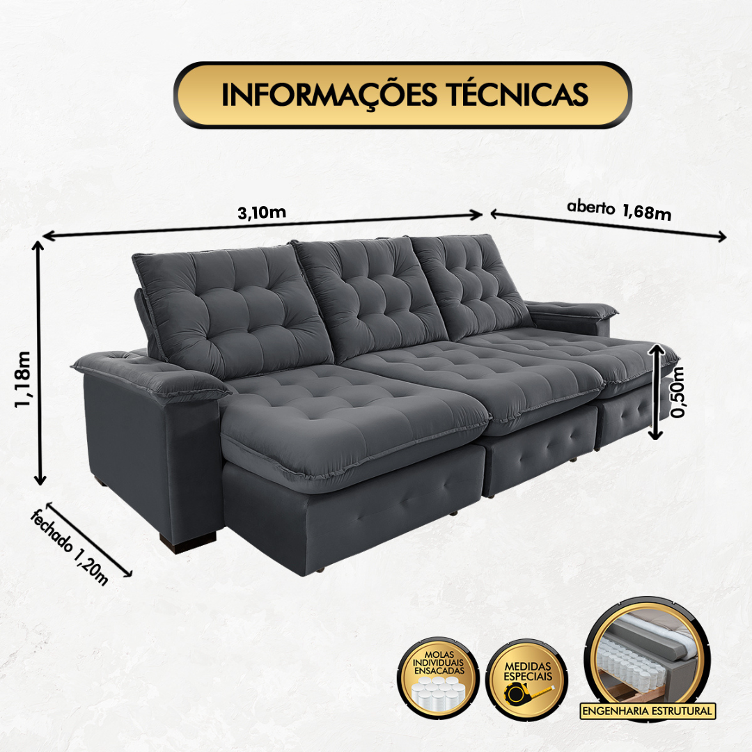 Sofá Coliseu 3.10m Retrátil e Reclinável Super Pillow - Chumbo