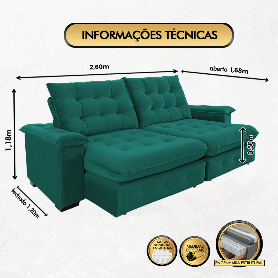 Sofá Coliseu 2.60m Retrátil e Reclinável Super Pillow - Verde