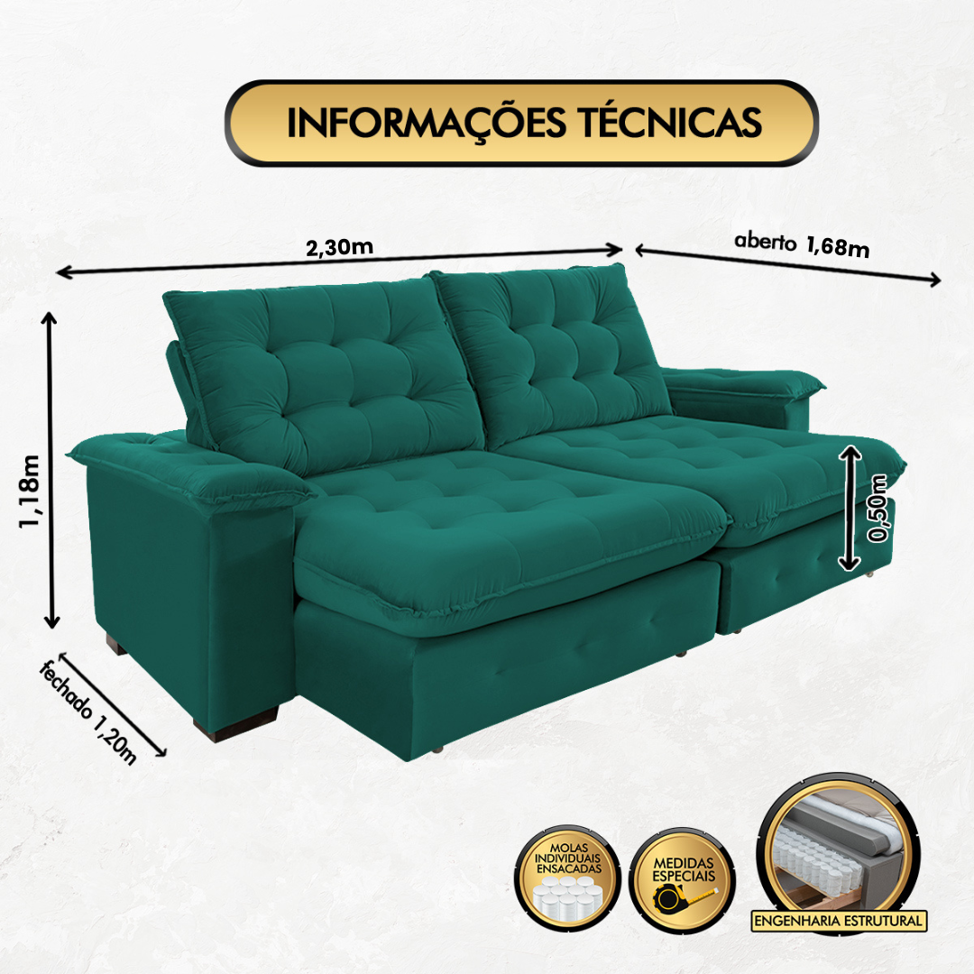 Sofá Coliseu 2.30m Retrátil e Reclinável Super Pillow - Verde