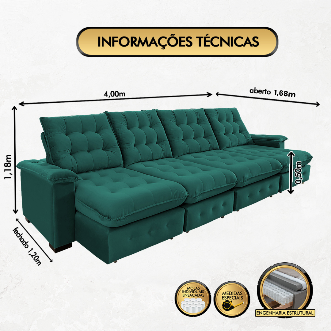 Sofá Coliseu 4.00m Retrátil e Reclinável Super Pillow - Verde