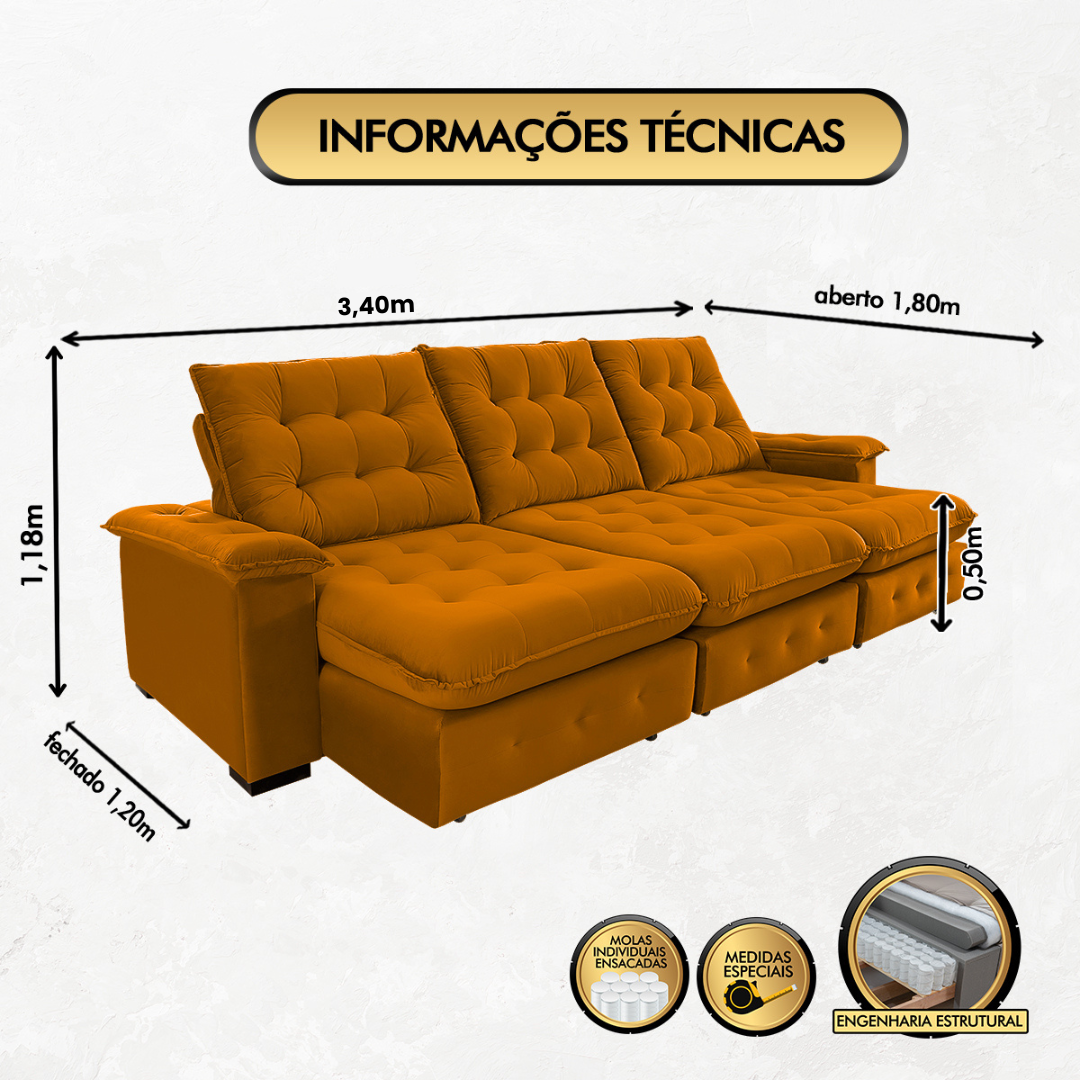 Sofá Coliseu 3.40m Retrátil e Reclinável Super Pillow - Terra