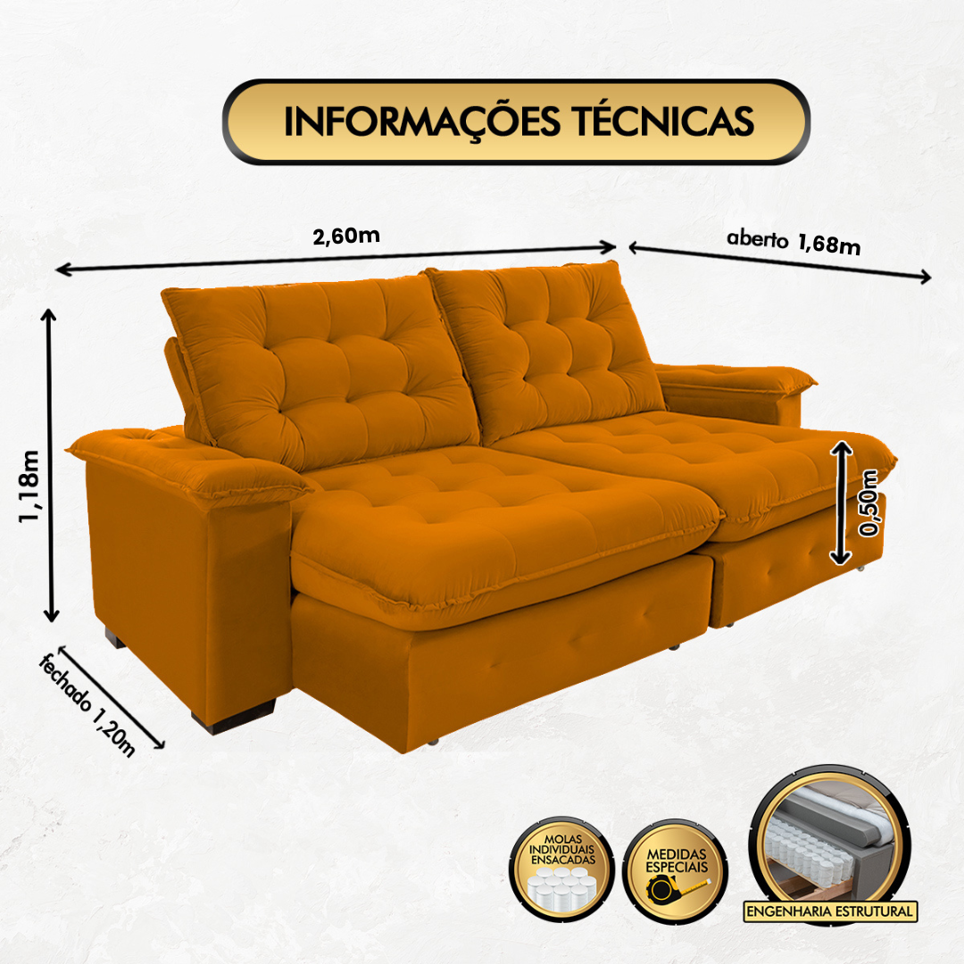 Sofá Coliseu 2.60m Retrátil e Reclinável Super Pillow - Terra