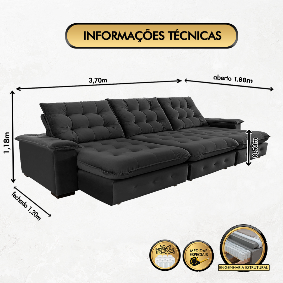 Sofá Coliseu 3.70m Retrátil e Reclinável Super Pillow - Preto