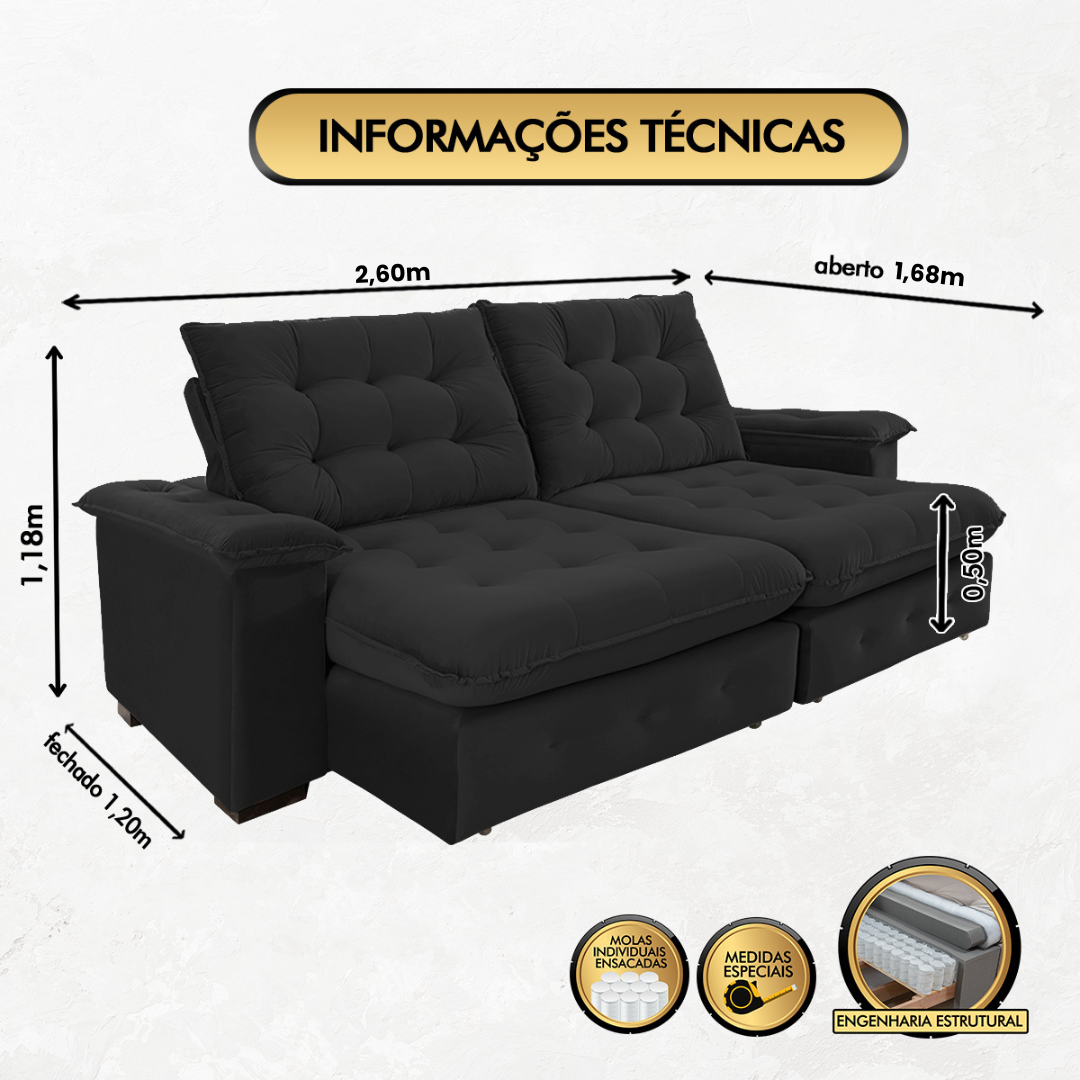 Sofá Coliseu 2.60m Retrátil e Reclinável Super Pillow - Preto