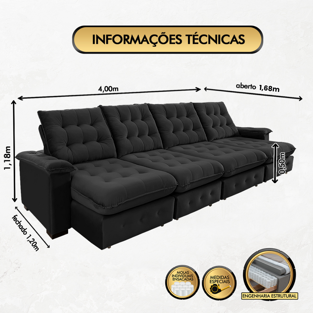 Sofá Coliseu 4.00m Retrátil e Reclinável Super Pillow - Preto