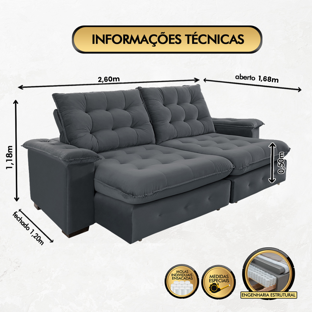 Sofá Coliseu 2.60m Retrátil e Reclinável Super Pillow - Chumbo