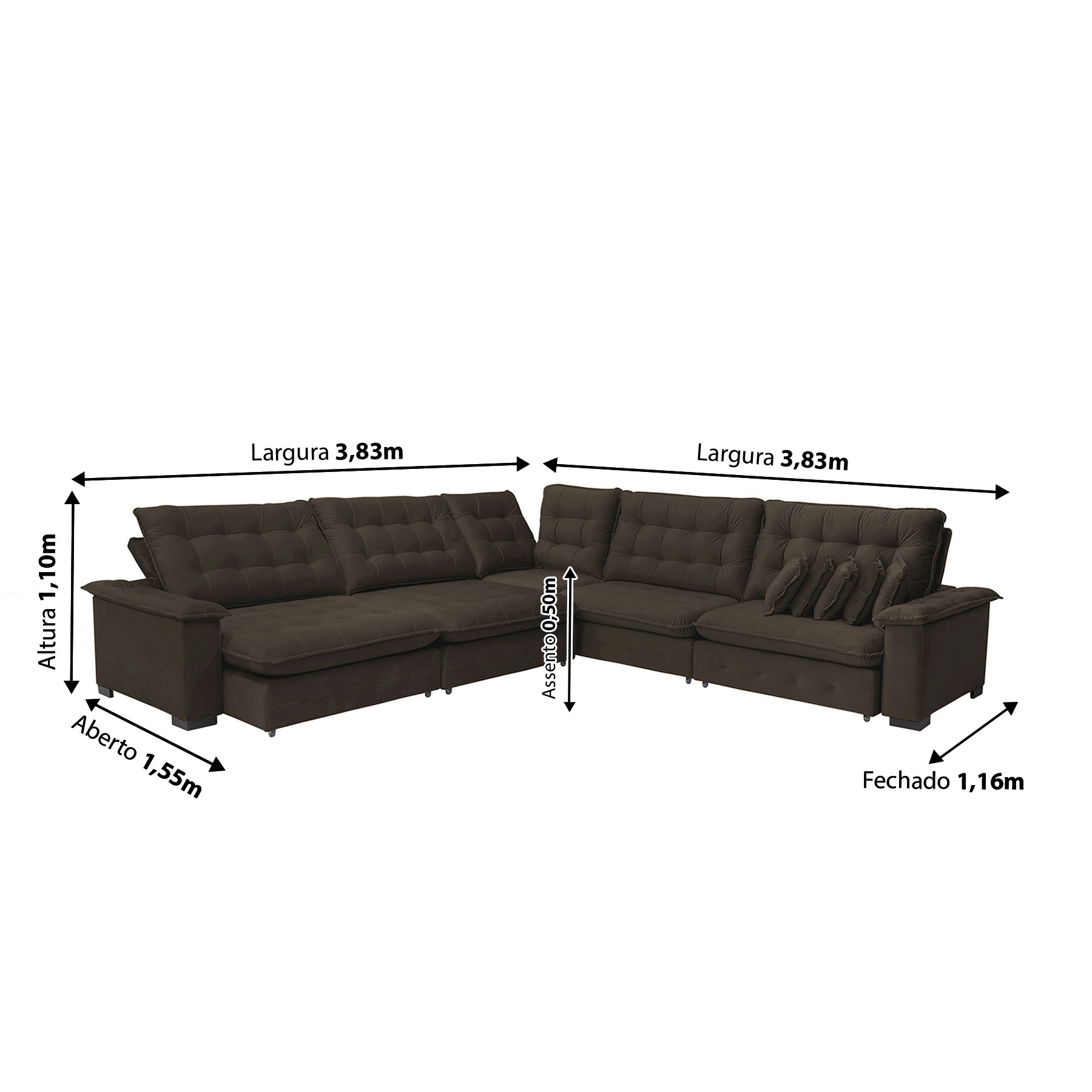 Sofá  Manchester 3.83x3.83m de Canto, Retrátil e Reclinável - Marrom