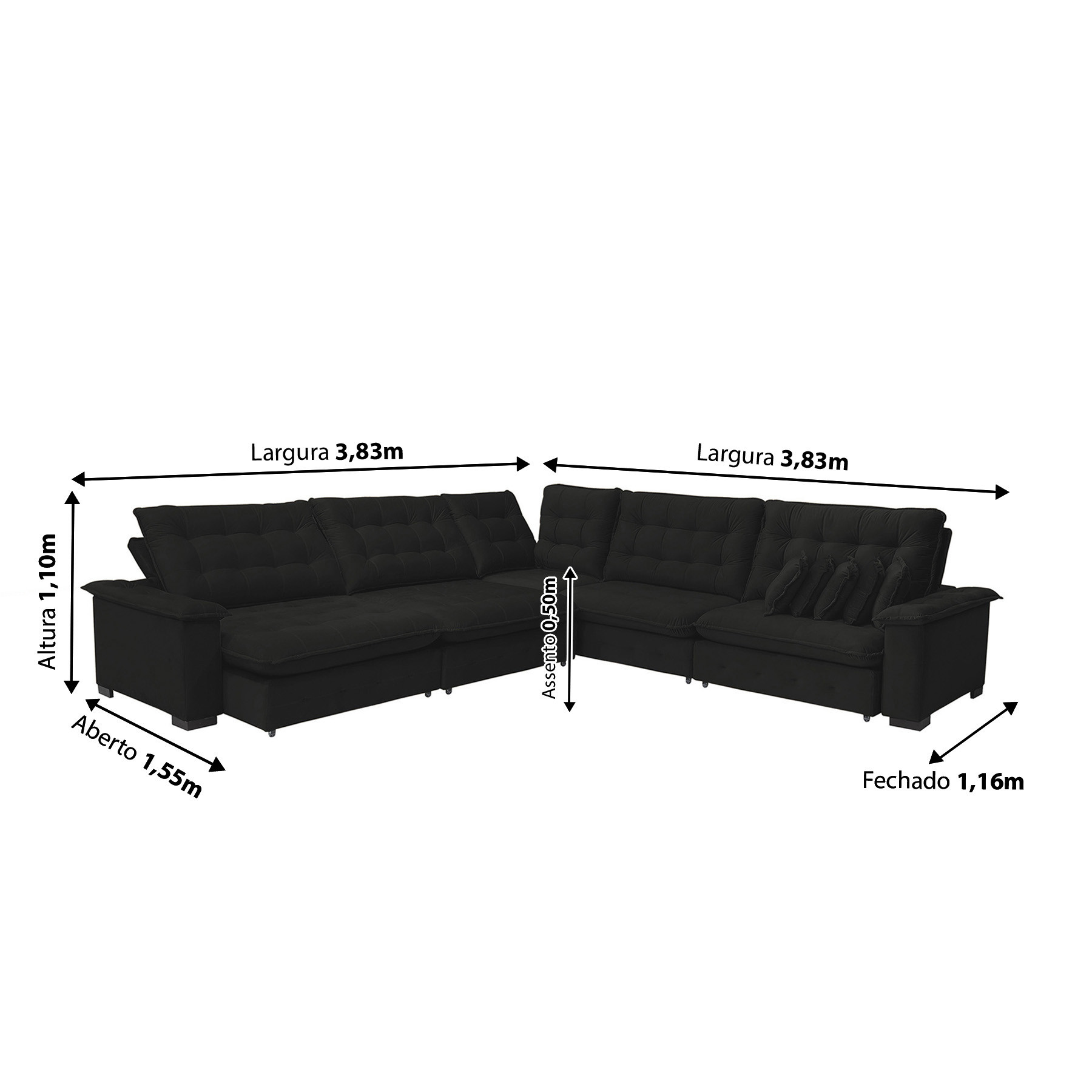 Sofá  Manchester 3.83x3.83m de Canto, Retrátil e Reclinável - Preto