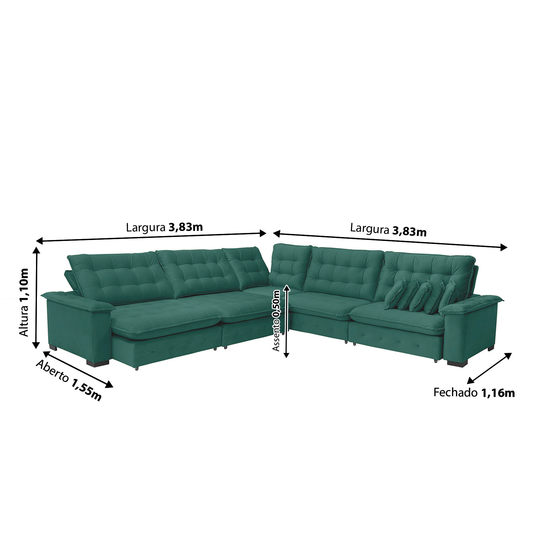 Sofá  Manchester 3.83x3.83m de Canto, Retrátil e Reclinável - Verde