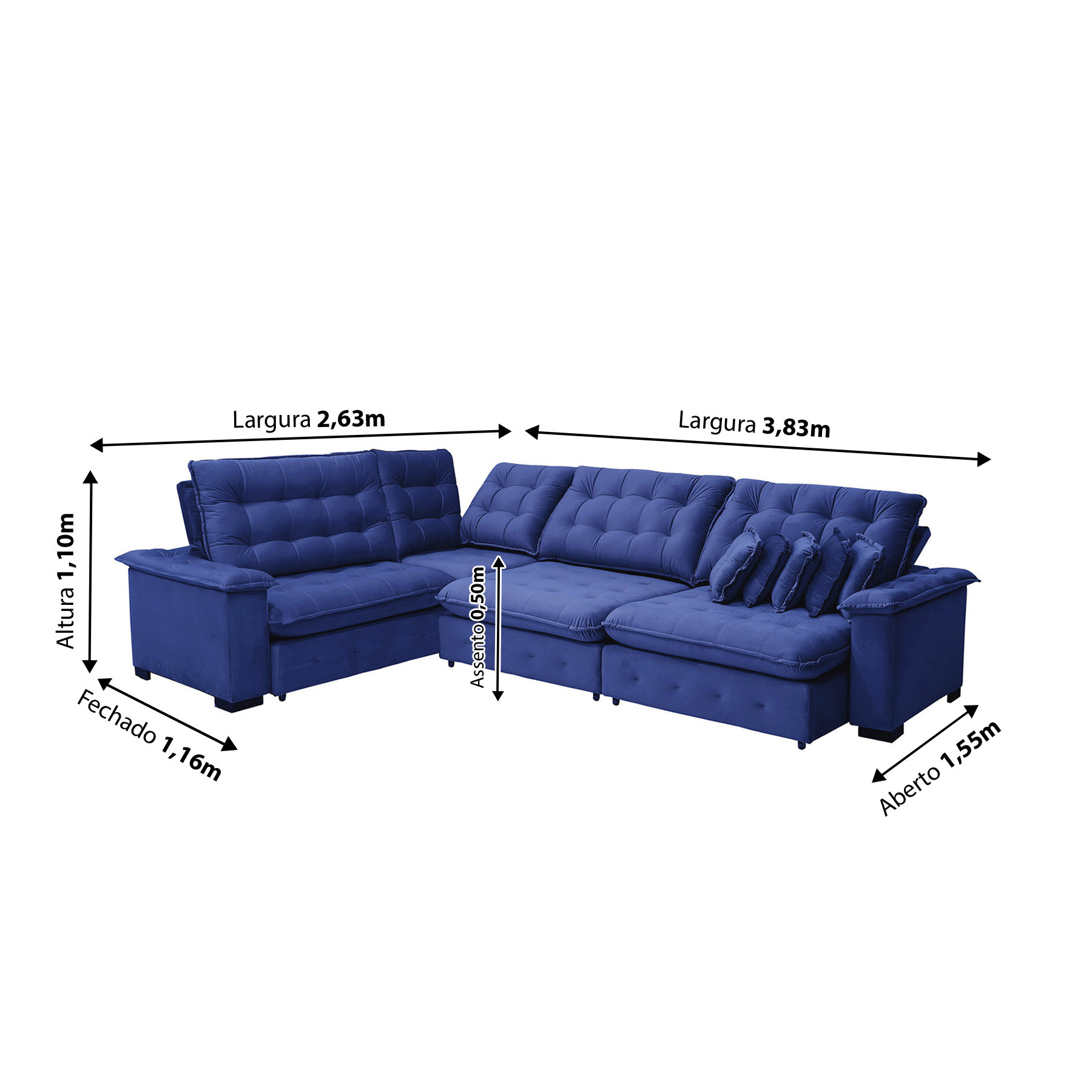 Sofá Manchester 2.63x3.83m de Canto, Retrátil e Reclinável - Azul