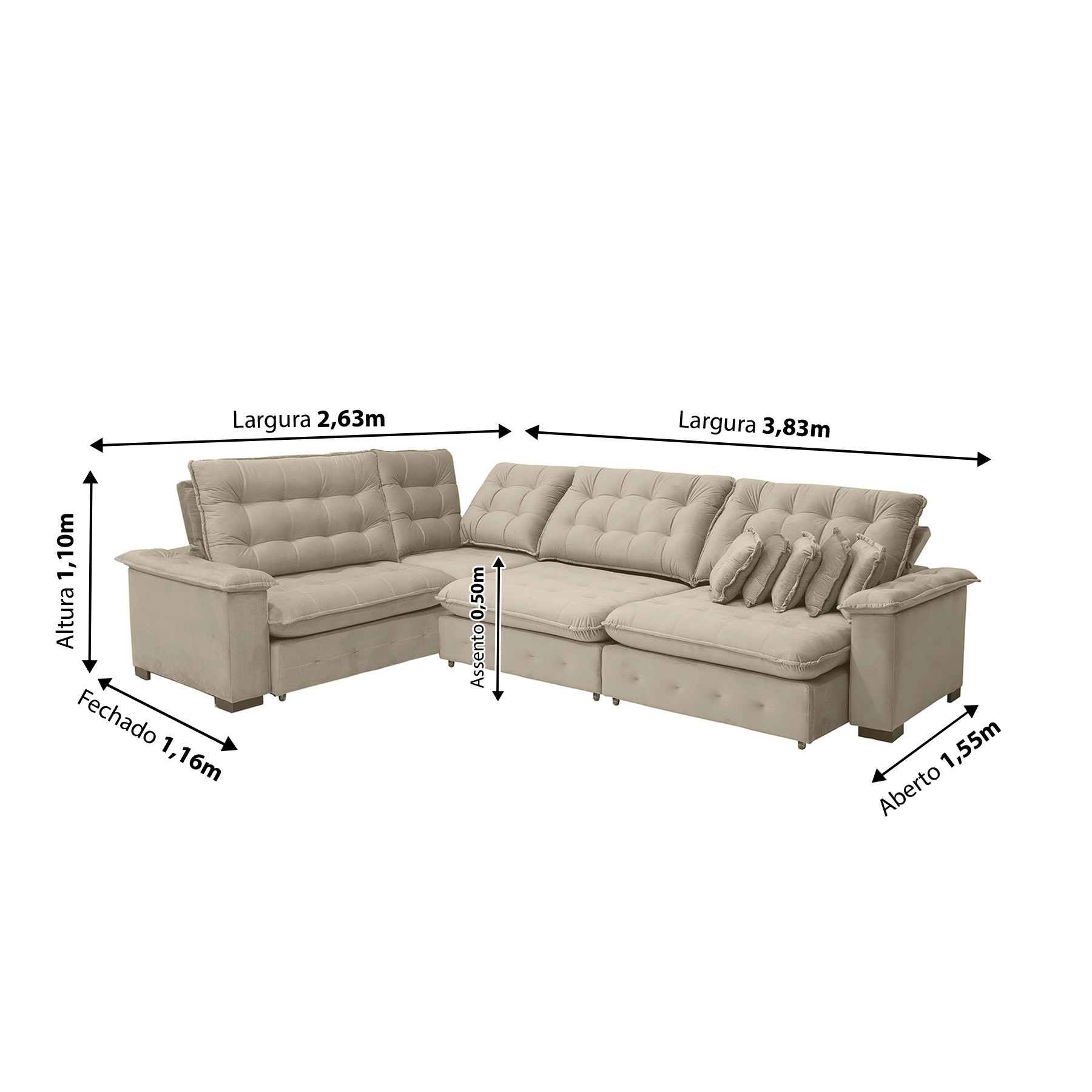 Sofá Manchester 2.63x3.83m de Canto, Retrátil e Reclinável - Bege