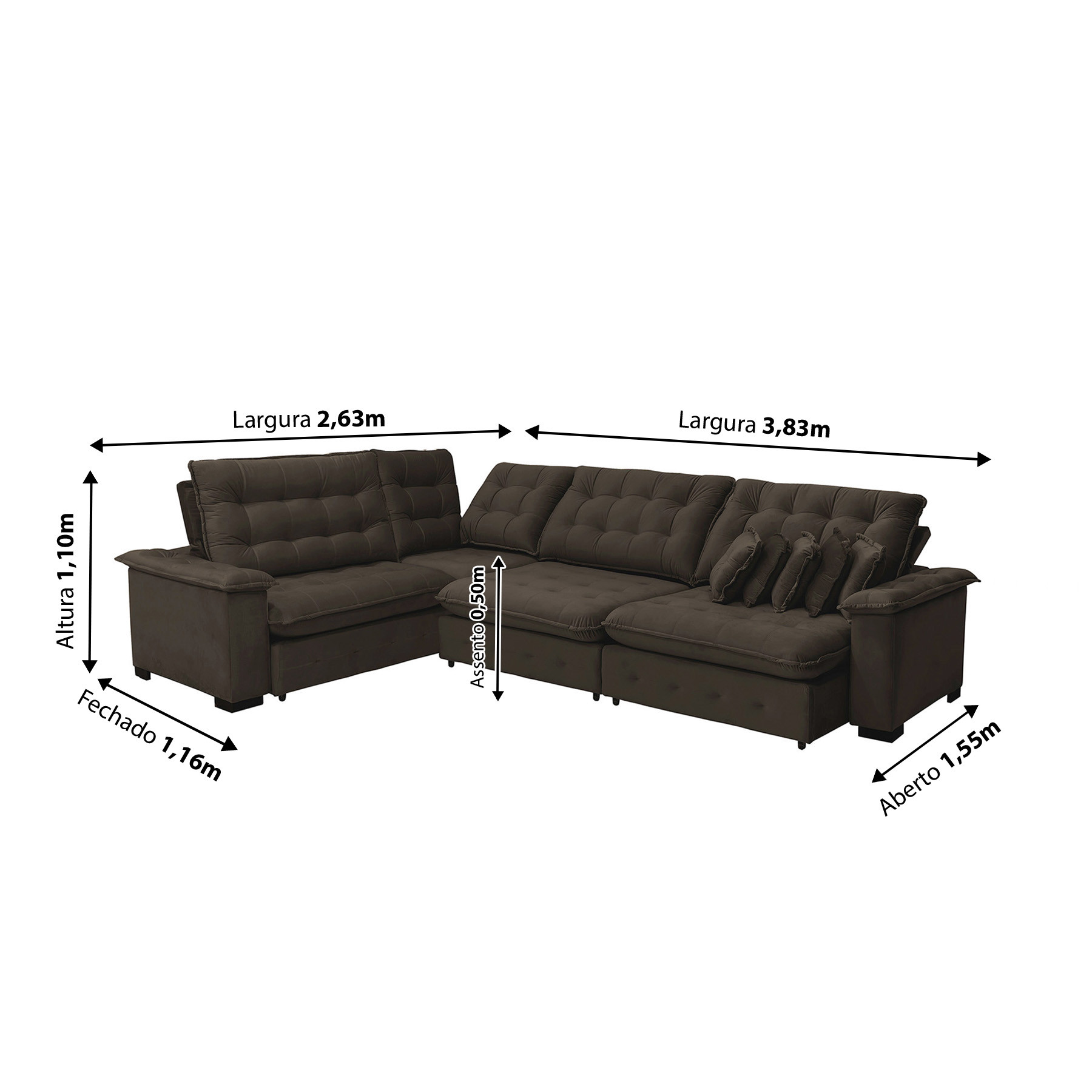 Sofá Manchester 2.63x3.83m de Canto, Retrátil e Reclinável - Marrom