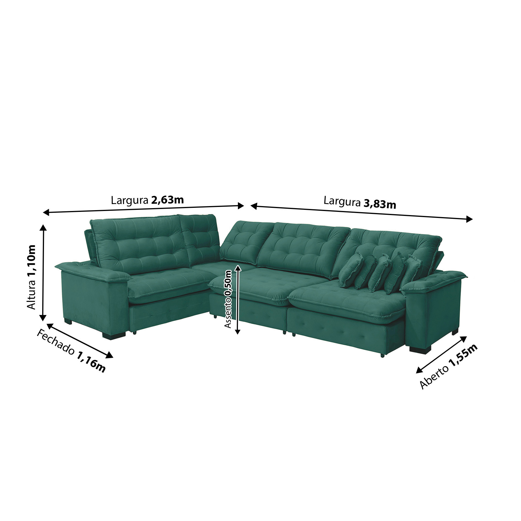 Sofá Manchester 2.63x3.83m de Canto, Retrátil e Reclinável - Verde