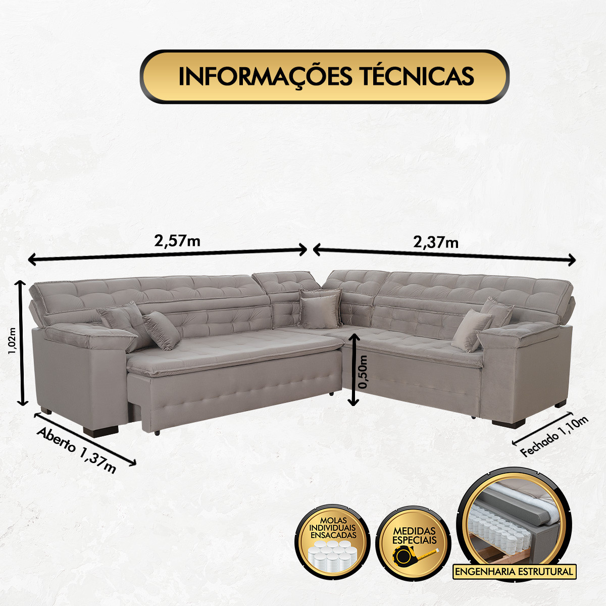 Sofá Magno 2.57x2.37m de Canto, Retrátil e Reclinável - Avelã