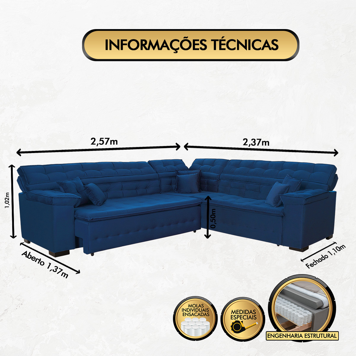 Sofá Magno 2.57x2.37m de Canto, Retrátil e Reclinável - Azul