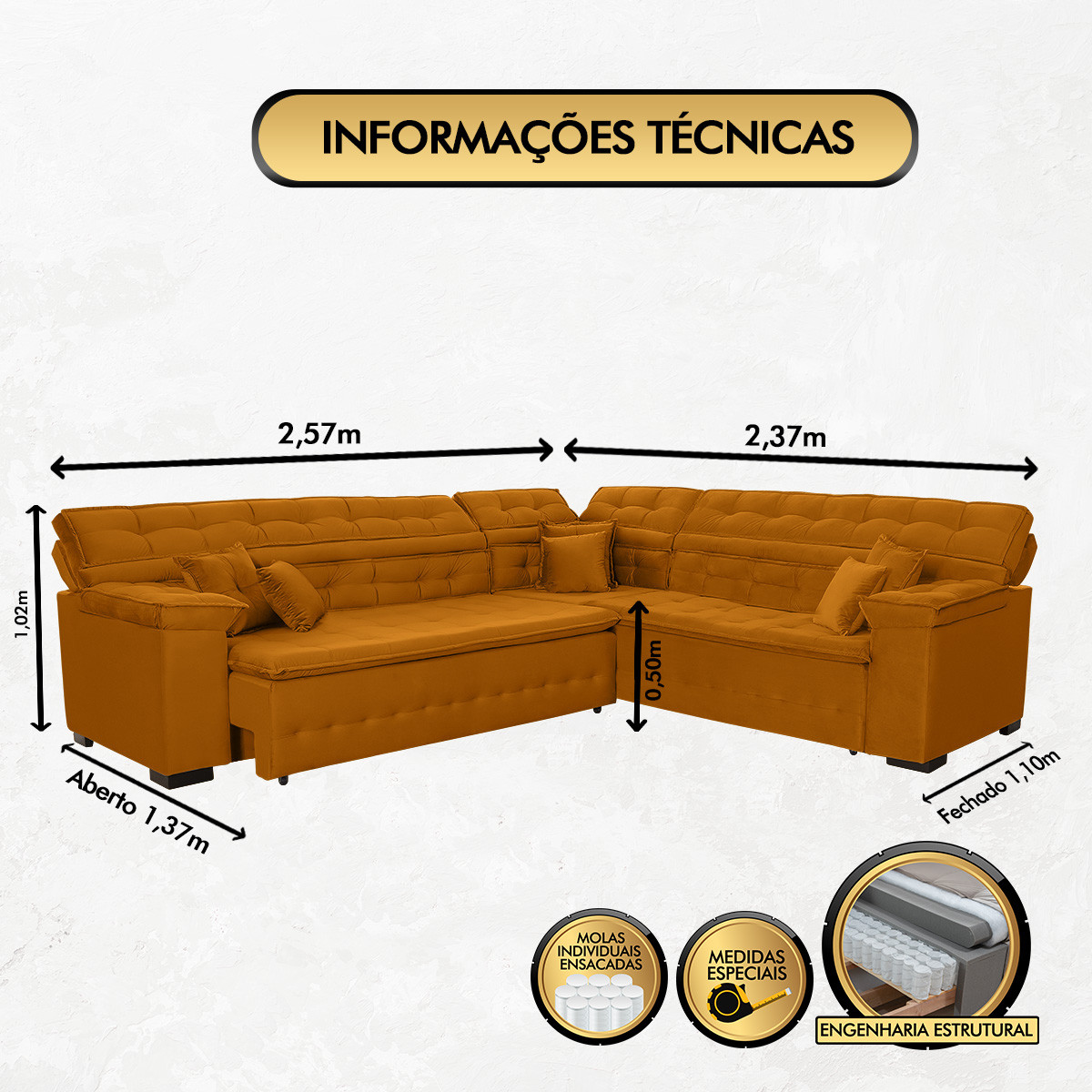 Sofá Magno 2.57x2.37m de Canto, Retrátil e Reclinável - Terra