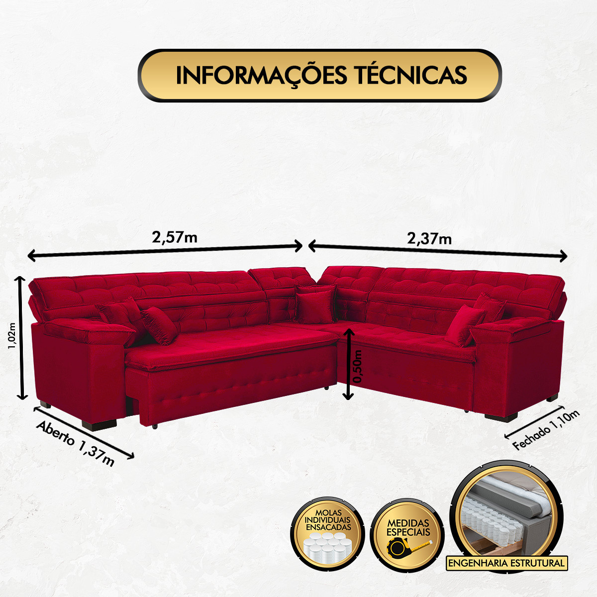 Sofá Magno 2.57x2.37m de Canto, Retrátil e Reclinável - Vermelho