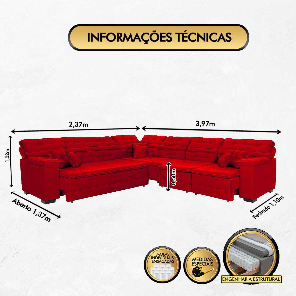 Sofá Magno 2.37x3.97m de Canto, Retrátil e Reclinável - Vermelho