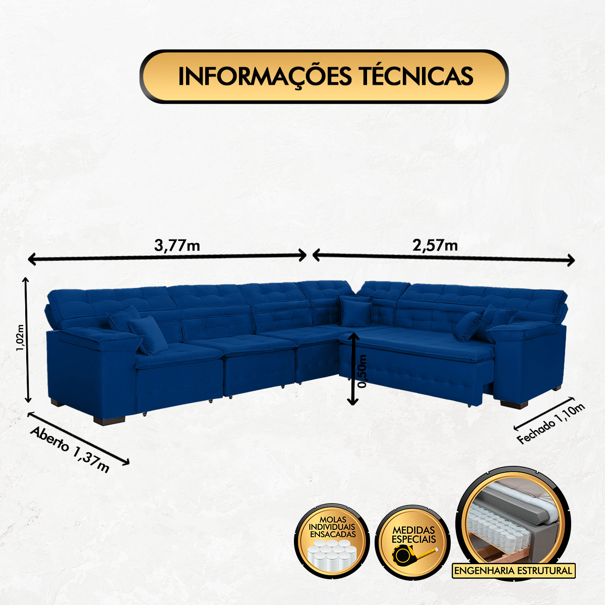 Sofá Magno 3.77x2.57m de Canto, Retrátil e Reclinável - Azul