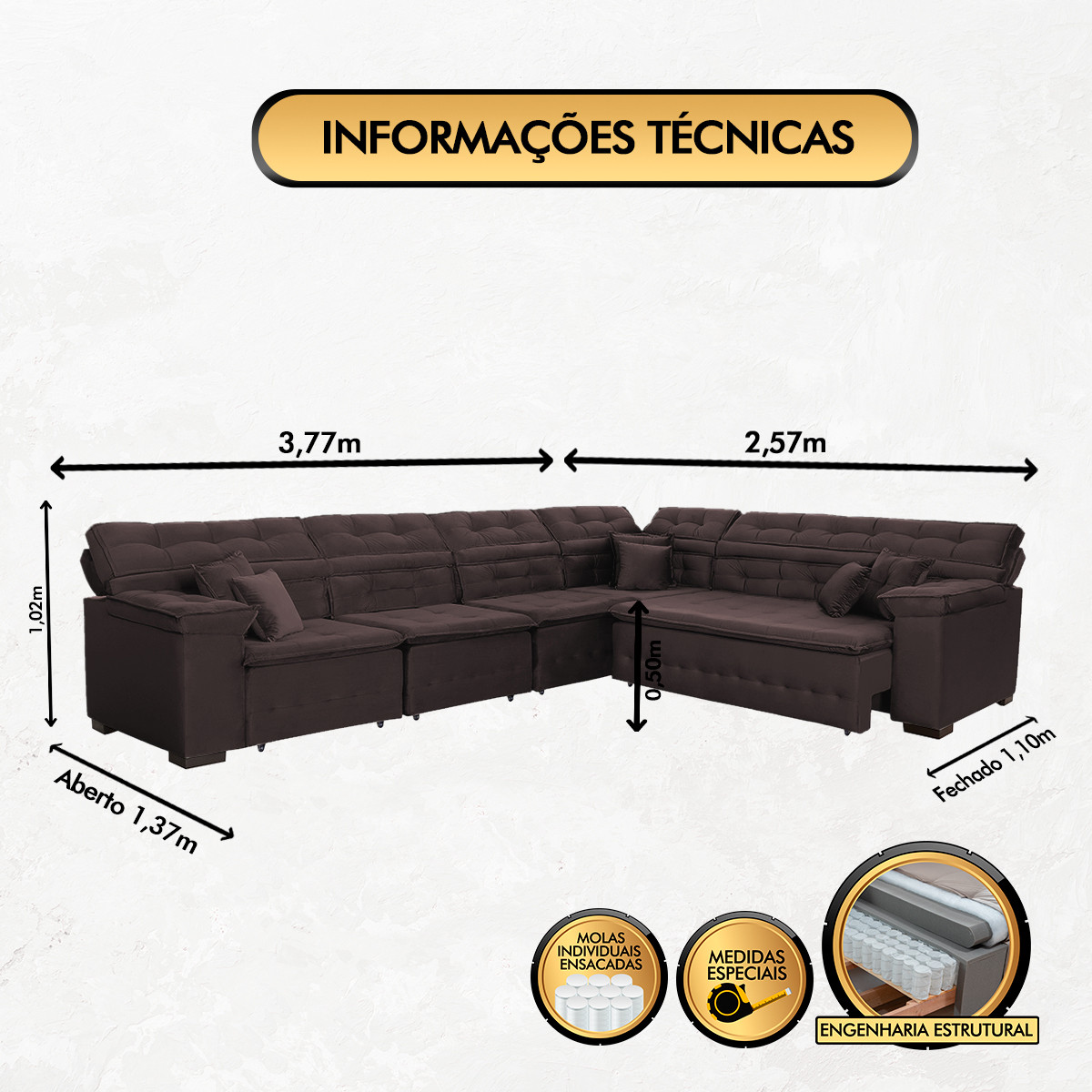 Sofá Magno 3.77x2.57m de Canto, Retrátil e Reclinável - Marrom