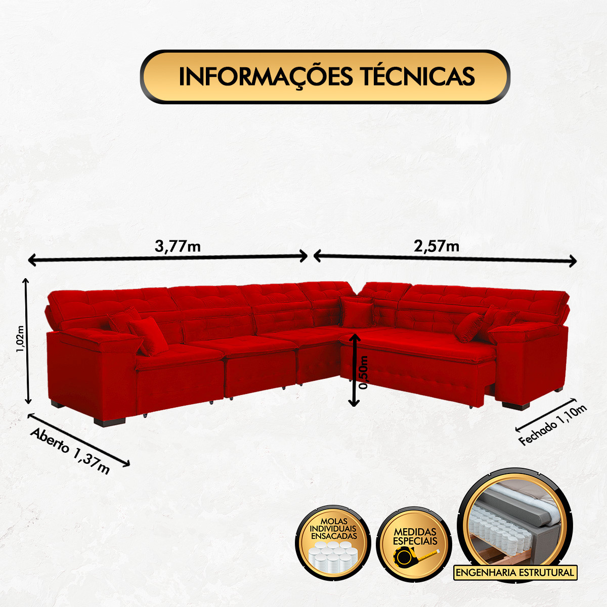 Sofá Magno 3.77x2.57m de Canto, Retrátil e Reclinável - Vermelho