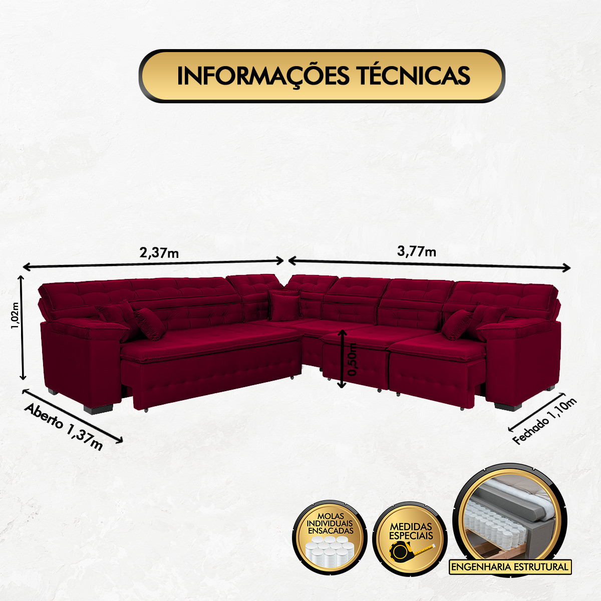 Sofá Magno 2.37x3.77m de Canto, Retrátil e Reclinável - Vinho
