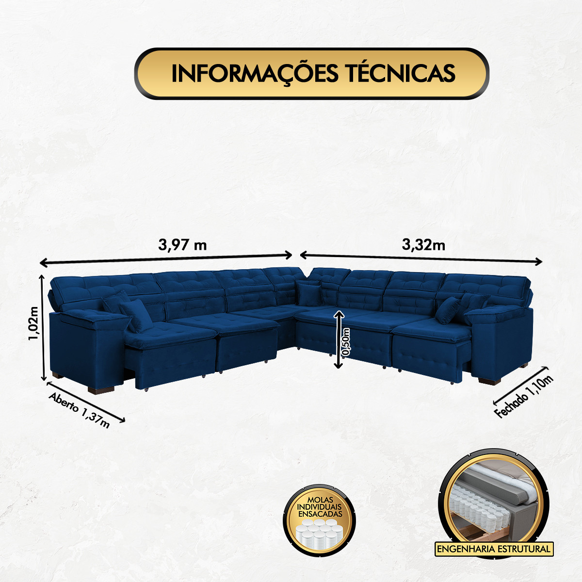 Sofá Magno 3.97x3.32m de Canto, Retrátil e Reclinável - Azul