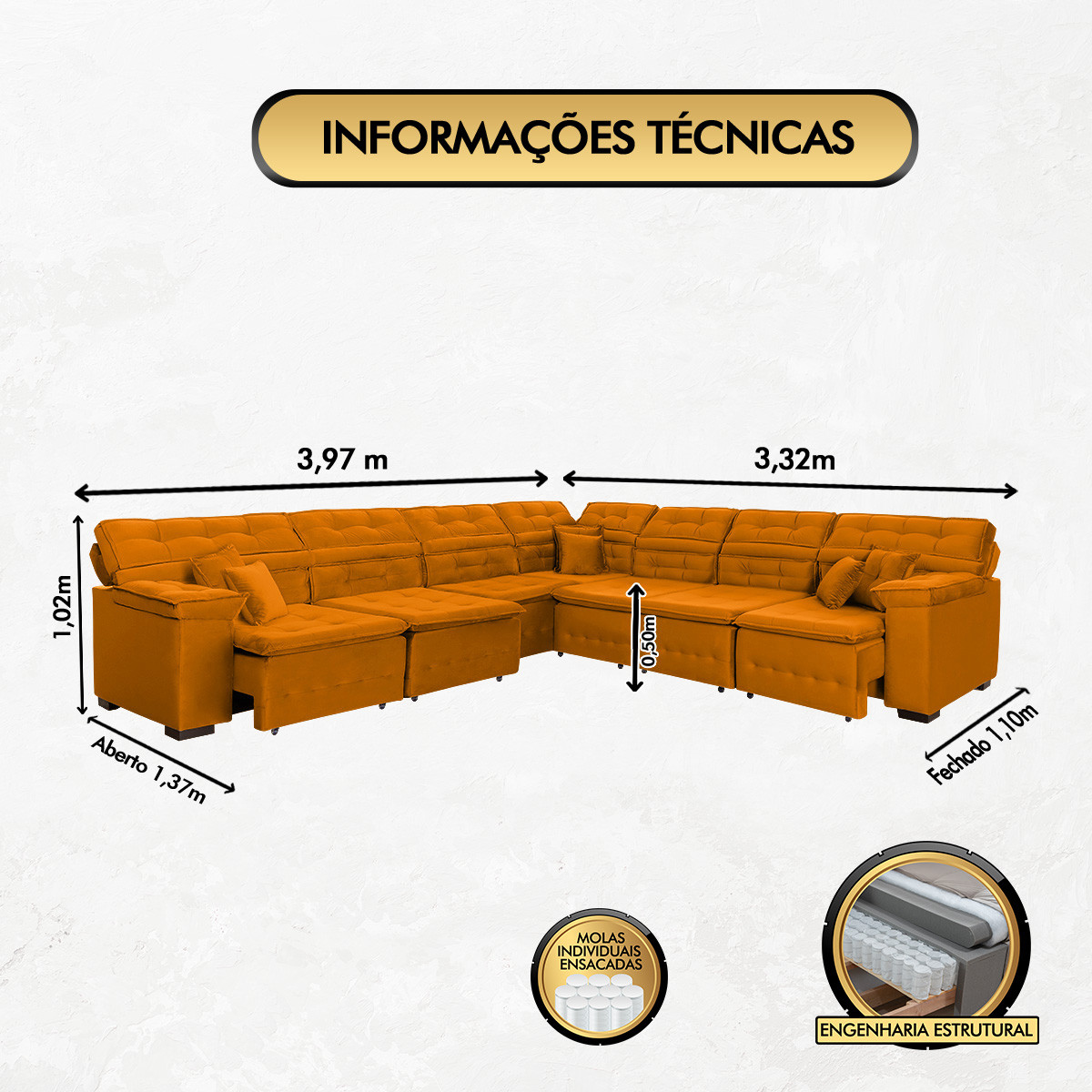 Sofá Magno 3.97x3.32m de Canto, Retrátil e Reclinável