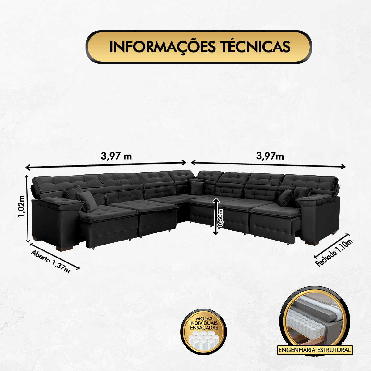 Sofá Magno 3.97x3.97m de Canto, Retrátil e Reclinável