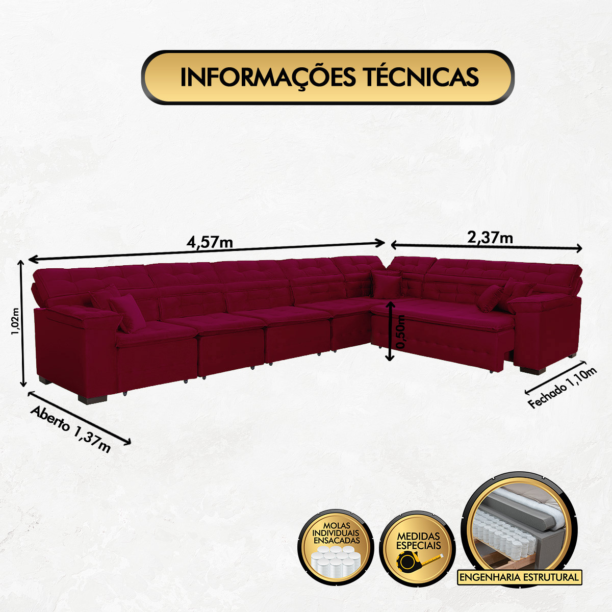 Sofá Magno 4.57x2.37m de Canto, Retrátil e Reclinável - Vinho