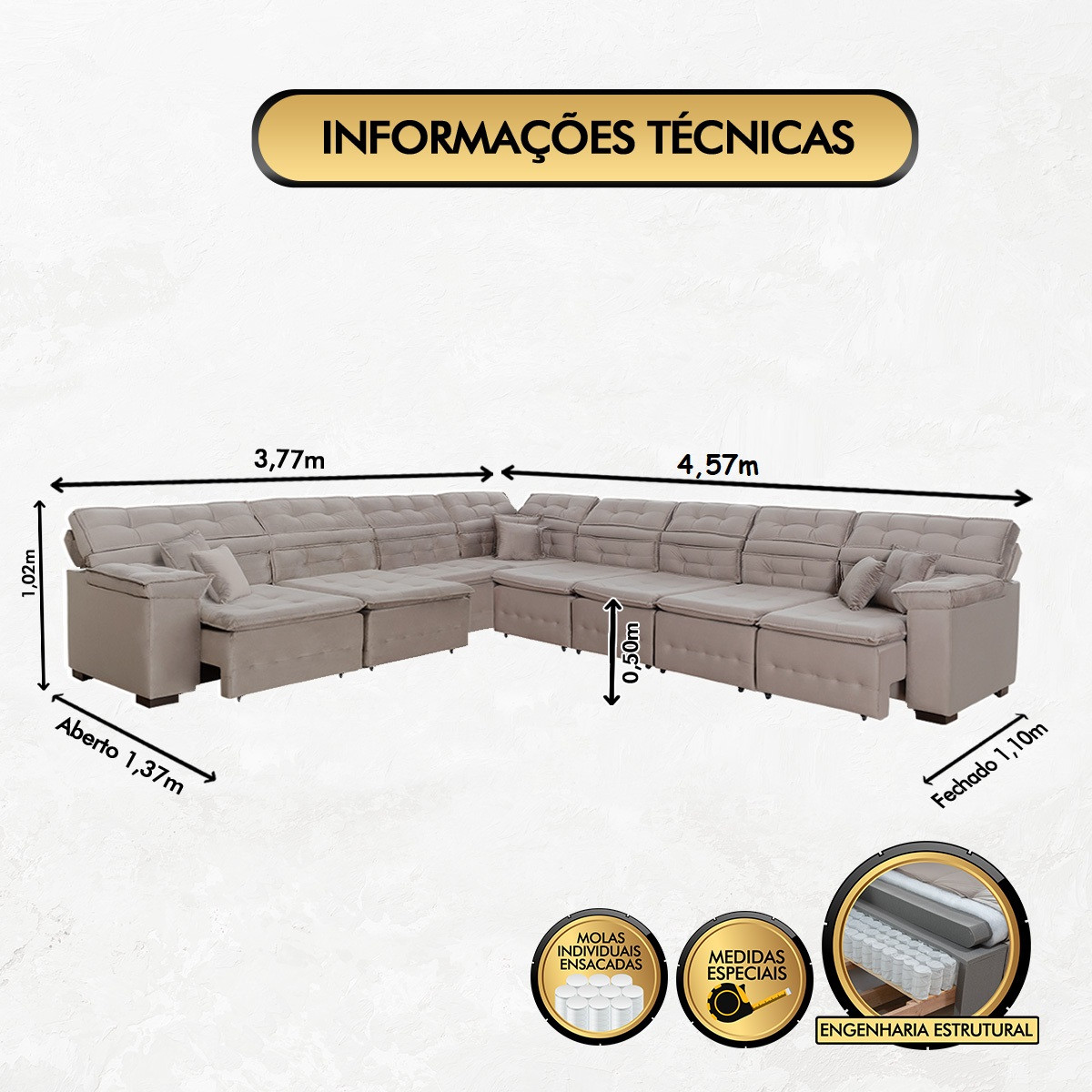 Sofá Magno 3.77x4.57m de Canto, Retrátil e Reclinável