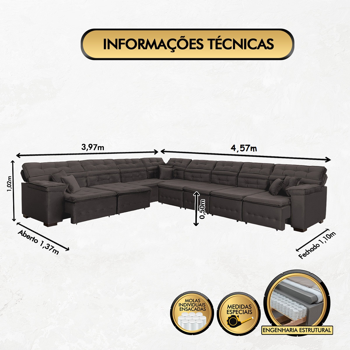 Sofá Magno 3.97x4.57m de Canto, Retrátil e Reclinável - Marrom