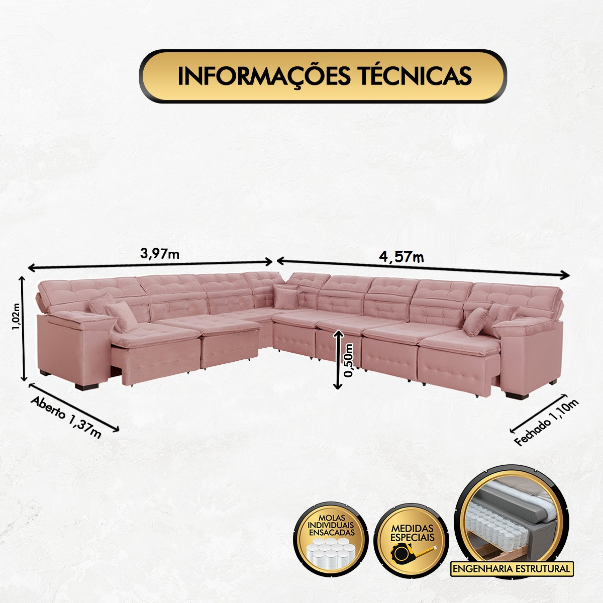 Sofá Magno 3.97x4.57m de Canto, Retrátil e Reclinável