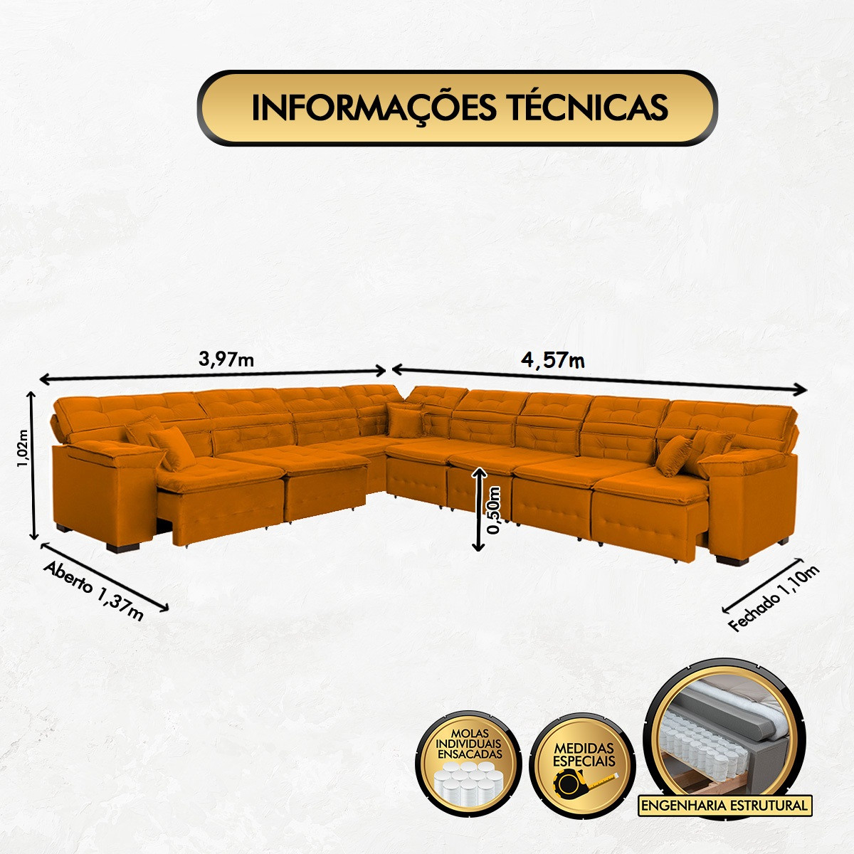 Sofá Magno 3.97x4.57m de Canto, Retrátil e Reclinável - Terra